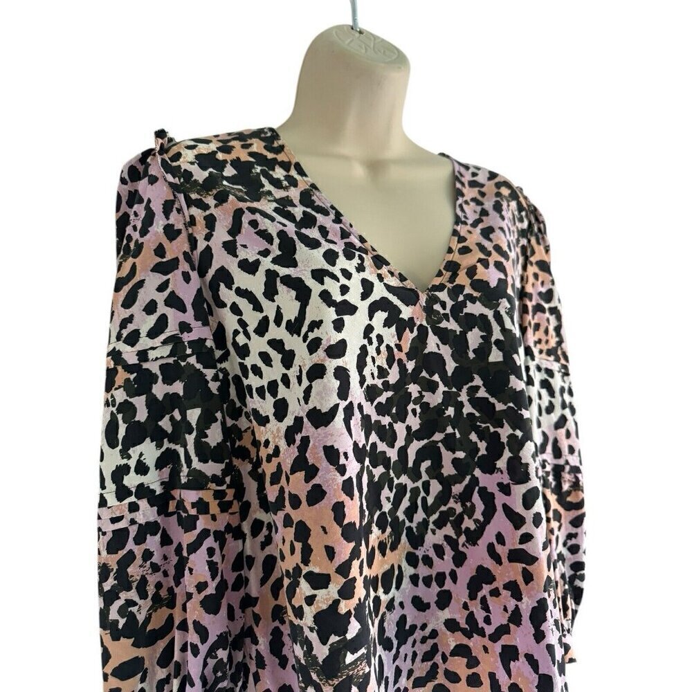 Veronica Beard Woman's Sz 2 Lety Leopard Animal Print Watercolor Silk Blouse - Picture 4 of 8